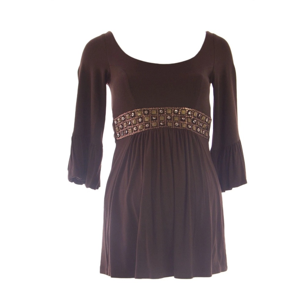 Olian Beaded Brown Boho  Scoop neck 3/4 Sleeve Top Tieback XS NWT Maternity